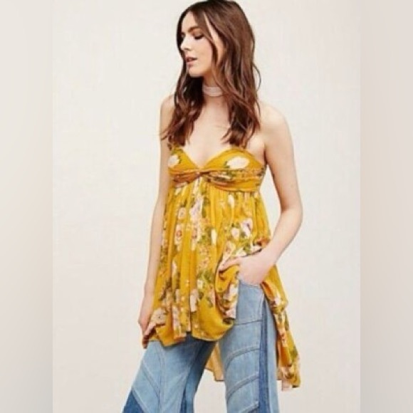 Free People Tops - FREE PEOPLE Tunic MIRAGE Convertible Top Dress Floral Hi Lo Smocked Mustard